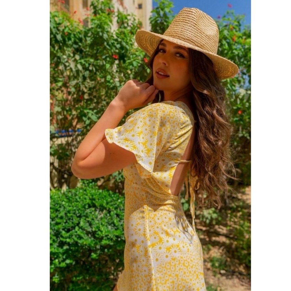 Yellow Floral Print Short Sleeve Open Back Backless Mini Dress - Picture 4 of 8